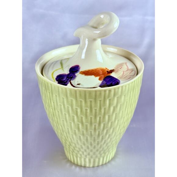 Vintage Red Wing Capistrano Sugar Bowl & Lid Set Green Basket Flowers USA - Picture 1 of 8